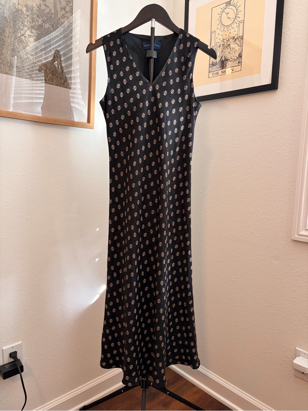 Charter Club 100% Silk Black Sleeveless Dress with Gold Diamond Pattern